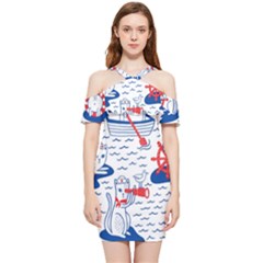 Nautical Cats Seamless Pattern Shoulder Frill Bodycon Summer Dress