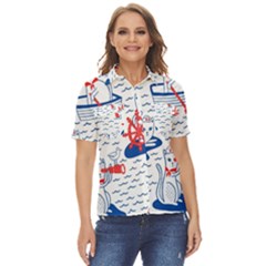 Nautical Cats Seamless Pattern Women s Short Sleeve Double Pocket Shirt