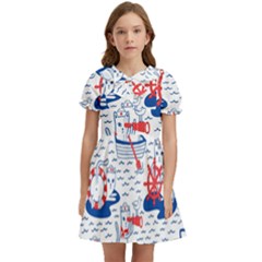 Nautical Cats Seamless Pattern Kids  Bow Tie Puff Sleeve Dress