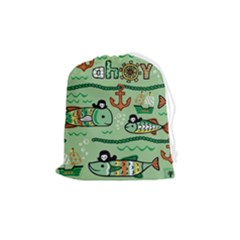 Seamless Pattern Fishes Pirates Cartoon Drawstring Pouch (medium)