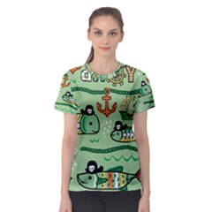 Seamless Pattern Fishes Pirates Cartoon Women s Sport Mesh Tee