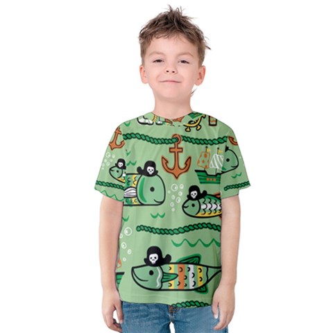 Seamless Pattern Fishes Pirates Cartoon Kids  Cotton Tee by Jancukart