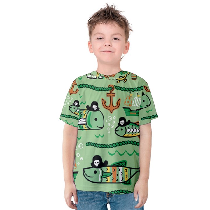 Seamless Pattern Fishes Pirates Cartoon Kids  Cotton Tee