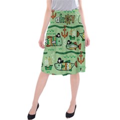 Seamless Pattern Fishes Pirates Cartoon Midi Beach Skirt