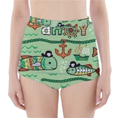 Seamless Pattern Fishes Pirates Cartoon High-waisted Bikini Bottoms