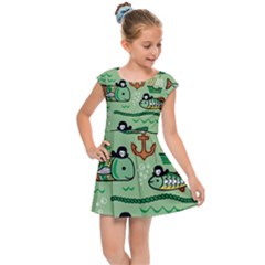 Seamless Pattern Fishes Pirates Cartoon Kids  Cap Sleeve Dress