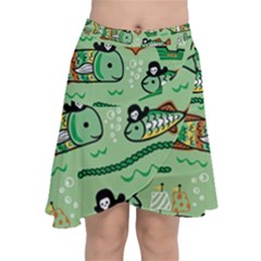 Seamless Pattern Fishes Pirates Cartoon Chiffon Wrap Front Skirt