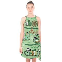 Seamless Pattern Fishes Pirates Cartoon Halter Collar Waist Tie Chiffon Dress