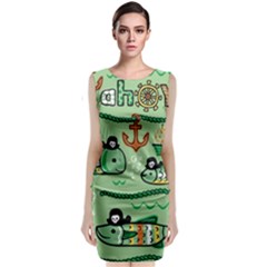 Seamless Pattern Fishes Pirates Cartoon Sleeveless Velvet Midi Dress