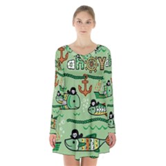 Seamless Pattern Fishes Pirates Cartoon Long Sleeve Velvet V-neck Dress