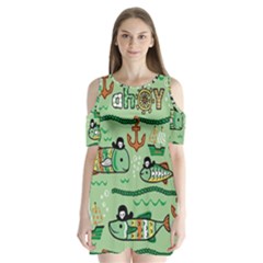 Seamless Pattern Fishes Pirates Cartoon Shoulder Cutout Velvet One Piece