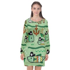 Seamless Pattern Fishes Pirates Cartoon Long Sleeve Chiffon Shift Dress 