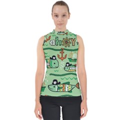 Seamless Pattern Fishes Pirates Cartoon Mock Neck Shell Top