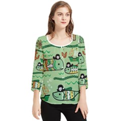 Seamless Pattern Fishes Pirates Cartoon Chiffon Quarter Sleeve Blouse