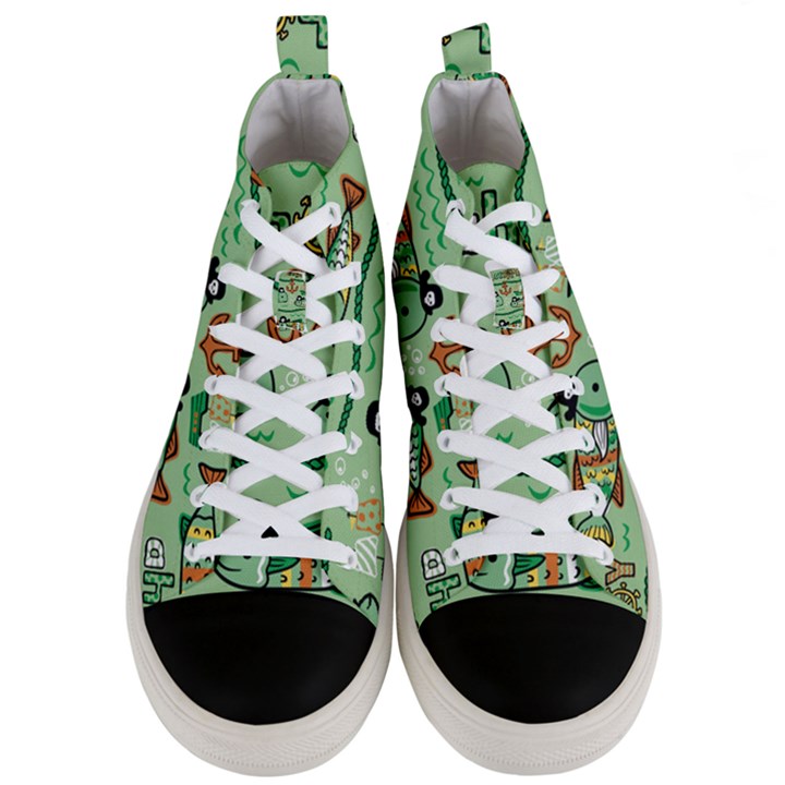 Seamless Pattern Fishes Pirates Cartoon Men s Mid-Top Canvas Sneakers