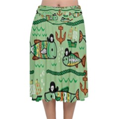 Seamless Pattern Fishes Pirates Cartoon Velvet Flared Midi Skirt