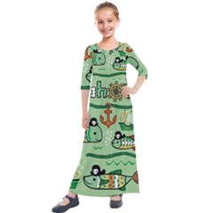 Seamless Pattern Fishes Pirates Cartoon Kids  Quarter Sleeve Maxi Dress by Jancukart