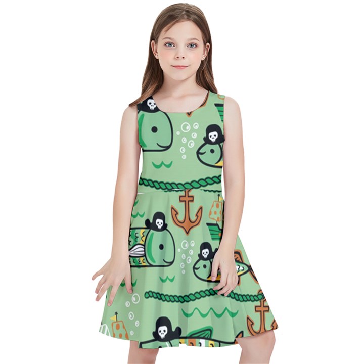 Seamless Pattern Fishes Pirates Cartoon Kids  Skater Dress