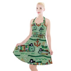 Seamless Pattern Fishes Pirates Cartoon Halter Party Swing Dress 