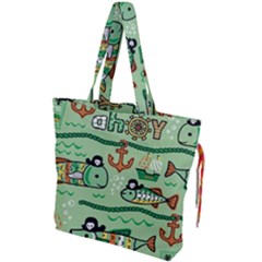 Seamless Pattern Fishes Pirates Cartoon Drawstring Tote Bag