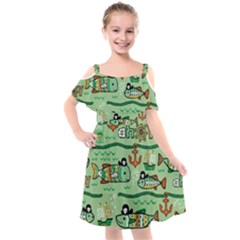 Seamless Pattern Fishes Pirates Cartoon Kids  Cut Out Shoulders Chiffon Dress