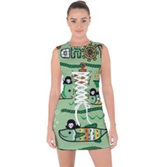 Seamless Pattern Fishes Pirates Cartoon Lace Up Front Bodycon Dress