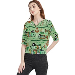 Seamless Pattern Fishes Pirates Cartoon Quarter Sleeve Blouse