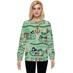 Seamless Pattern Fishes Pirates Cartoon Hidden Pocket Sweatshirt