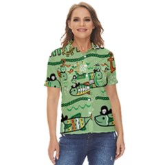 Seamless Pattern Fishes Pirates Cartoon Women s Short Sleeve Double Pocket Shirt