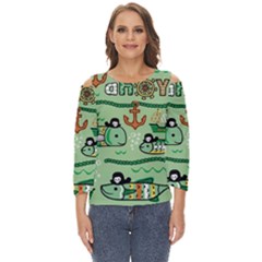 Seamless Pattern Fishes Pirates Cartoon Cut Out Wide Sleeve Top