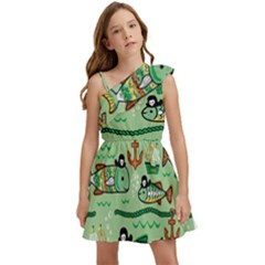 Seamless Pattern Fishes Pirates Cartoon Kids  One Shoulder Party Dress