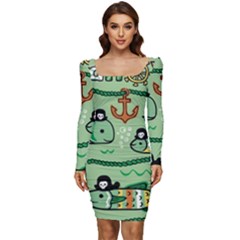 Seamless Pattern Fishes Pirates Cartoon Women Long Sleeve Ruched Stretch Jersey Dress