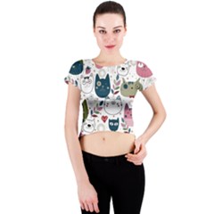 Pattern With Cute Cat Heads Crew Neck Crop Top by Jancukart