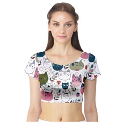 Pattern With Cute Cat Heads Short Sleeve Crop Top by Jancukart