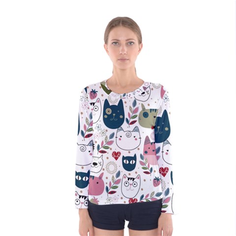 Pattern With Cute Cat Heads Women s Long Sleeve Tee by Jancukart