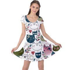 Pattern With Cute Cat Heads Cap Sleeve Dress