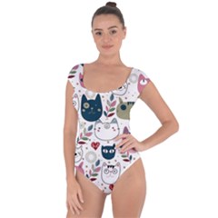 Pattern With Cute Cat Heads Short Sleeve Leotard  by Jancukart