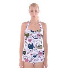 Pattern With Cute Cat Heads Boyleg Halter Swimsuit 