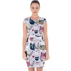 Pattern With Cute Cat Heads Capsleeve Drawstring Dress 