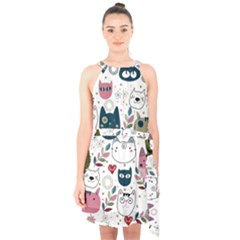 Pattern With Cute Cat Heads Halter Collar Waist Tie Chiffon Dress