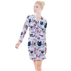 Pattern With Cute Cat Heads Button Long Sleeve Dress