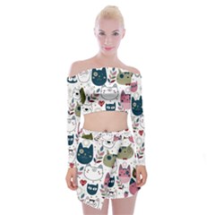 Pattern With Cute Cat Heads Off Shoulder Top With Mini Skirt Set by Jancukart