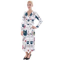 Pattern With Cute Cat Heads Velvet Maxi Wrap Dress