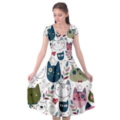 Pattern With Cute Cat Heads Cap Sleeve Wrap Front Dress