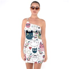 Pattern With Cute Cat Heads One Soulder Bodycon Dress