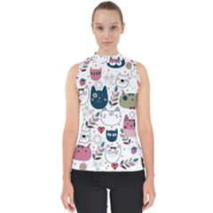 Pattern With Cute Cat Heads Mock Neck Shell Top