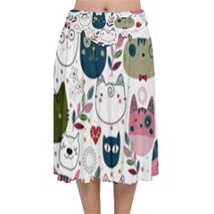 Pattern With Cute Cat Heads Velvet Flared Midi Skirt by Jancukart