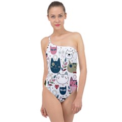 Pattern With Cute Cat Heads Classic One Shoulder Swimsuit