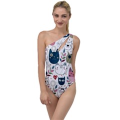 Pattern With Cute Cat Heads To One Side Swimsuit