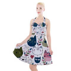 Pattern With Cute Cat Heads Halter Party Swing Dress 